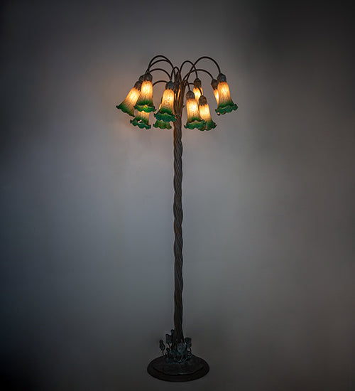 Meyda Lighting Tiffany Pond Lily 61" 12-Light Bronze Floor Lamp With Amber & Green Shade Glass