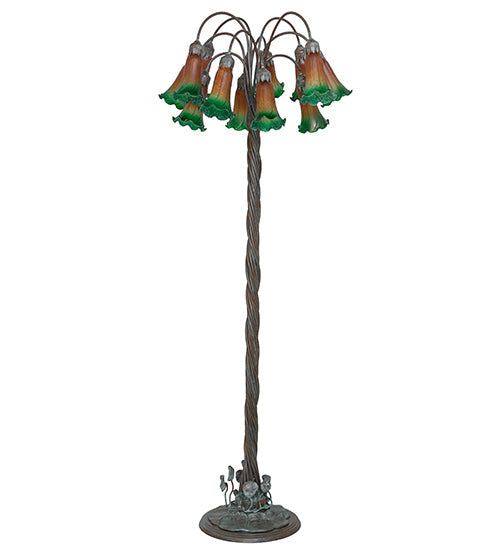 Meyda Lighting Tiffany Pond Lily 61" 12-Light Bronze Floor Lamp With Amber & Green Shade Glass