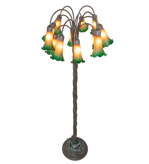 Meyda Lighting Tiffany Pond Lily 61" 12-Light Bronze Floor Lamp With Amber & Green Shade Glass