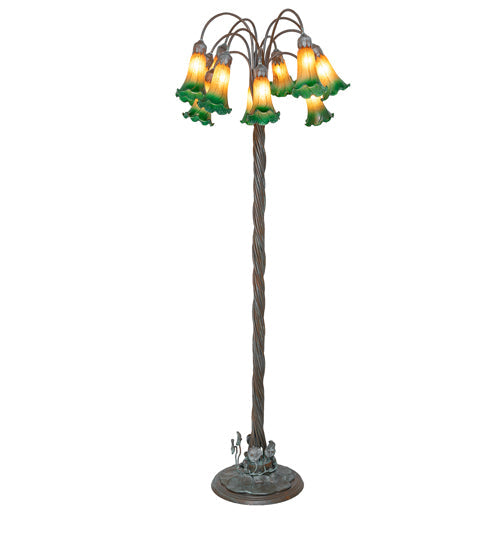 Meyda Lighting Tiffany Pond Lily 61" 12-Light Bronze Floor Lamp With Amber & Green Shade Glass