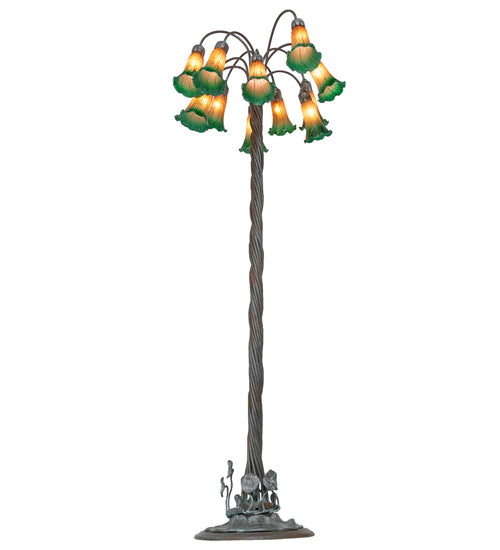 Meyda Lighting Tiffany Pond Lily 61" 12-Light Bronze Floor Lamp With Amber & Green Shade Glass