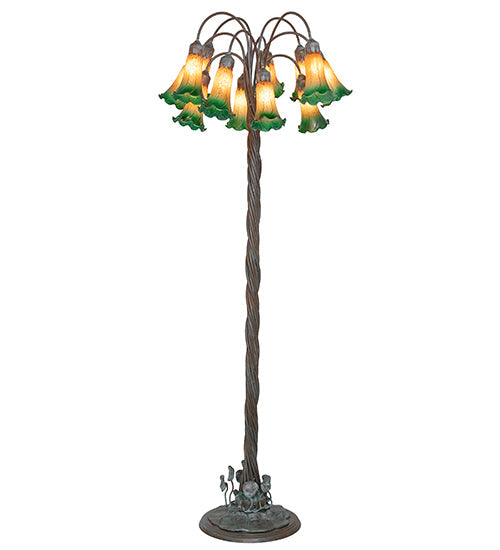 Meyda Lighting Tiffany Pond Lily 61" 12-Light Bronze Floor Lamp With Amber & Green Shade Glass