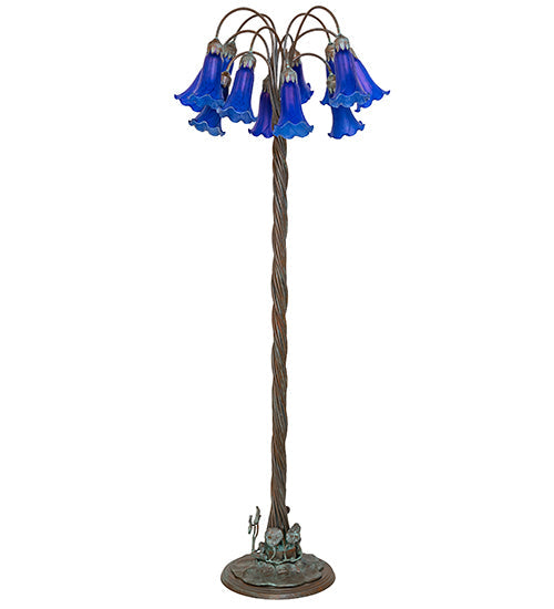 Meyda Lighting Tiffany Pond Lily 61" 12-Light Bronze Floor Lamp With Blue Favrile Shade Glass