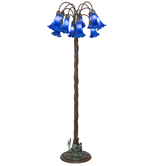 Meyda Lighting Tiffany Pond Lily 61" 12-Light Bronze Floor Lamp With Blue Favrile Shade Glass