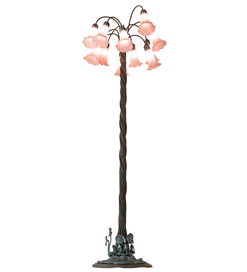 Meyda Lighting Tiffany Pond Lily 61" 12-Light Bronze Floor Lamp With Pink Shade Glass