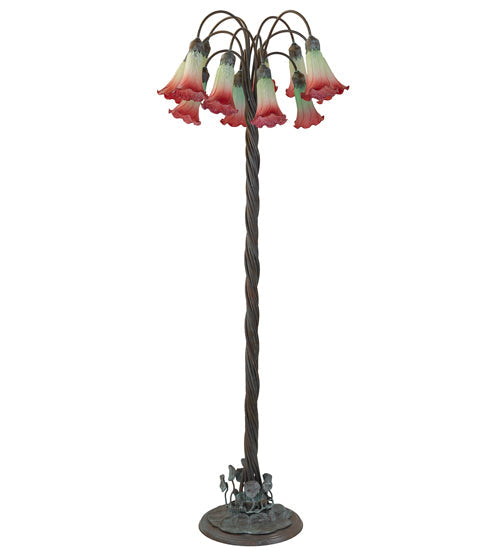 Meyda Lighting Tiffany Pond Lily 61" 12-Light Bronze Floor Lamp With Pink & White Shade Glass