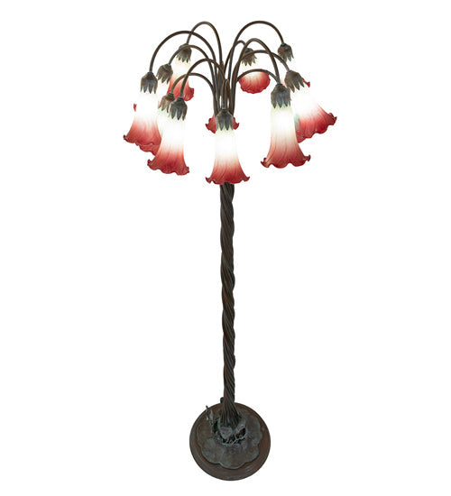 Meyda Lighting Tiffany Pond Lily 61" 12-Light Bronze Floor Lamp With Pink & White Shade Glass