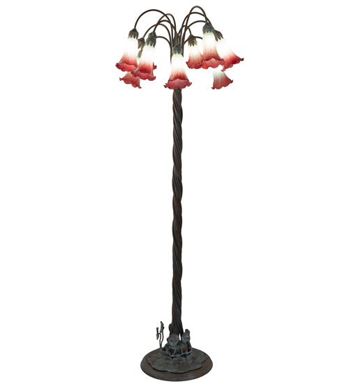 Meyda Lighting Tiffany Pond Lily 61" 12-Light Bronze Floor Lamp With Pink & White Shade Glass