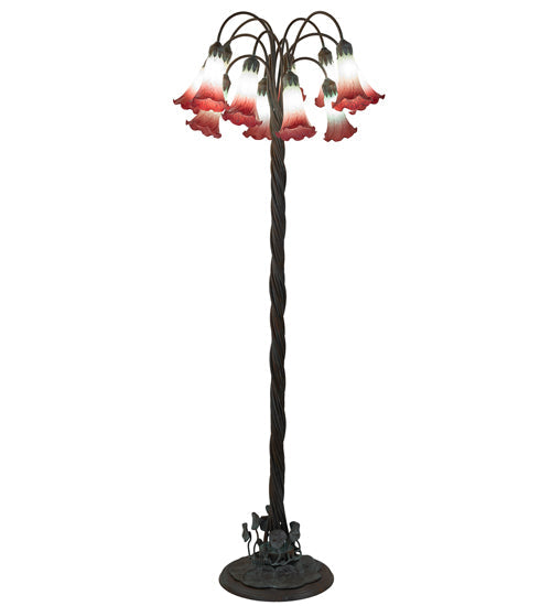 Meyda Lighting Tiffany Pond Lily 61" 12-Light Bronze Floor Lamp With Pink & White Shade Glass