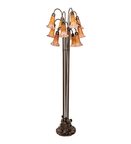 Meyda Lighting Tiffany Pond Lily 63" 12-Light Mahogany Bronze Floor Lamp With Amber & Violet Shade Glass