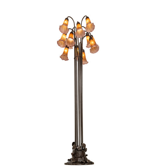 Meyda Lighting Tiffany Pond Lily 63" 12-Light Mahogany Bronze Floor Lamp With Amber & Violet Shade Glass