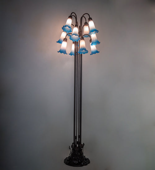 Meyda Lighting Tiffany Pond Lily 63" 12-Light Mahogany Bronze Floor Lamp With Blue & Pink Shade Glass