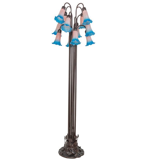 Meyda Lighting Tiffany Pond Lily 63" 12-Light Mahogany Bronze Floor Lamp With Blue & Pink Shade Glass