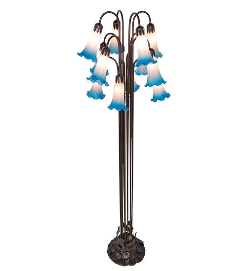 Meyda Lighting Tiffany Pond Lily 63" 12-Light Mahogany Bronze Floor Lamp With Blue & Pink Shade Glass