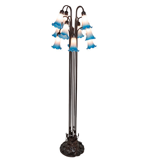 Meyda Lighting Tiffany Pond Lily 63" 12-Light Mahogany Bronze Floor Lamp With Blue & Pink Shade Glass