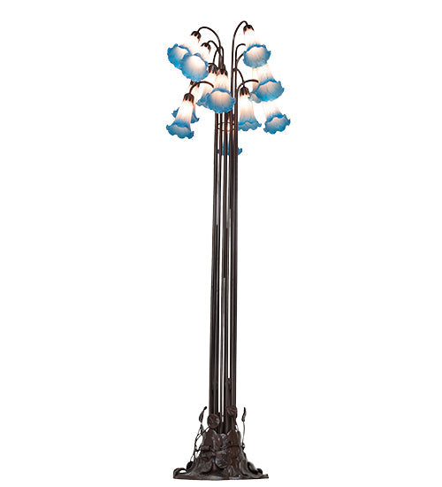 Meyda Lighting Tiffany Pond Lily 63" 12-Light Mahogany Bronze Floor Lamp With Blue & Pink Shade Glass