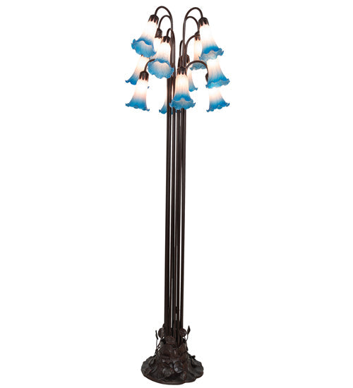 Meyda Lighting Tiffany Pond Lily 63" 12-Light Mahogany Bronze Floor Lamp With Blue & Pink Shade Glass