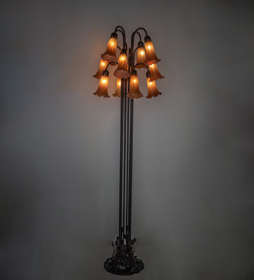 Meyda Lighting Tiffany Pond Lily 63" 12-Light Mahogany Bronze Floor Lamp With Petal Amber Shade Glass