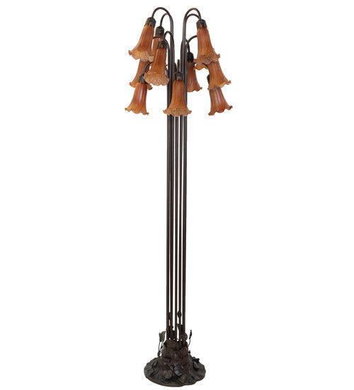 Meyda Lighting Tiffany Pond Lily 63" 12-Light Mahogany Bronze Floor Lamp With Petal Amber Shade Glass