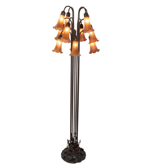 Meyda Lighting Tiffany Pond Lily 63" 12-Light Mahogany Bronze Floor Lamp With Petal Amber Shade Glass