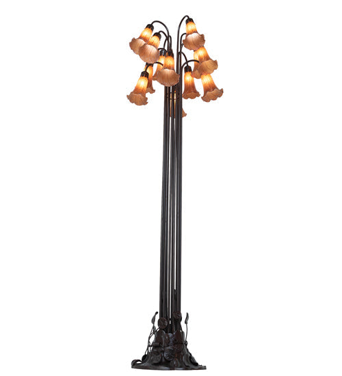 Meyda Lighting Tiffany Pond Lily 63" 12-Light Mahogany Bronze Floor Lamp With Petal Amber Shade Glass
