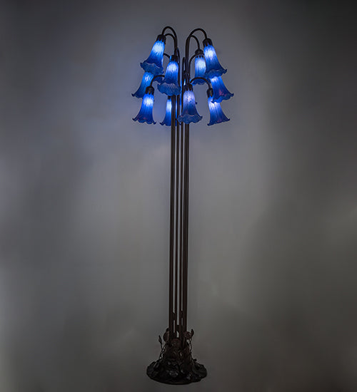 Meyda Lighting Tiffany Pond Lily 63" 12-Light Mahogany Bronze Floor Lamp With Petal Blue Shade Glass