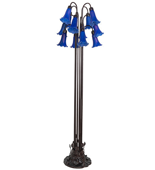 Meyda Lighting Tiffany Pond Lily 63" 12-Light Mahogany Bronze Floor Lamp With Petal Blue Shade Glass