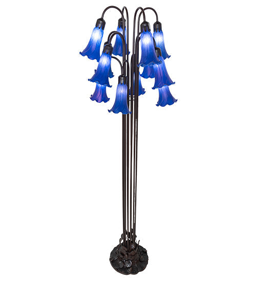 Meyda Lighting Tiffany Pond Lily 63" 12-Light Mahogany Bronze Floor Lamp With Petal Blue Shade Glass