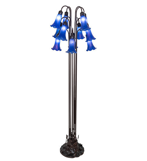 Meyda Lighting Tiffany Pond Lily 63" 12-Light Mahogany Bronze Floor Lamp With Petal Blue Shade Glass