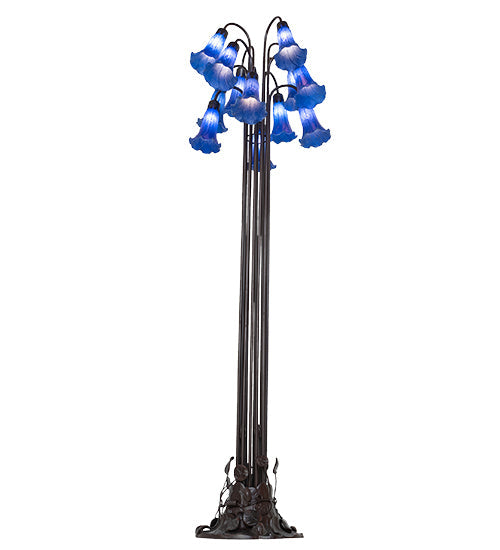 Meyda Lighting Tiffany Pond Lily 63" 12-Light Mahogany Bronze Floor Lamp With Petal Blue Shade Glass