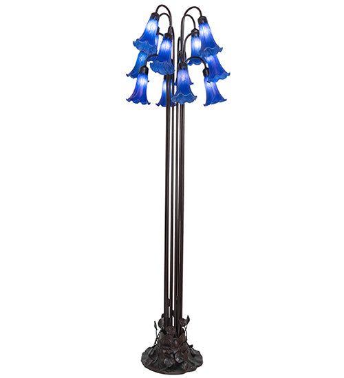 Meyda Lighting Tiffany Pond Lily 63" 12-Light Mahogany Bronze Floor Lamp With Petal Blue Shade Glass