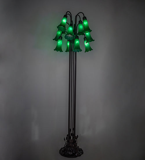 Meyda Lighting Tiffany Pond Lily 63" 12-Light Mahogany Bronze Floor Lamp With Petal Green Shade Glass