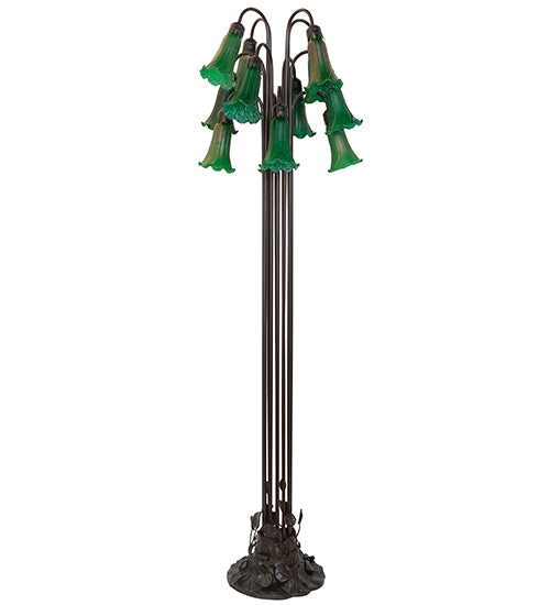 Meyda Lighting Tiffany Pond Lily 63" 12-Light Mahogany Bronze Floor Lamp With Petal Green Shade Glass