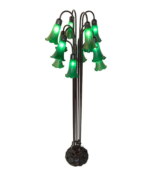 Meyda Lighting Tiffany Pond Lily 63" 12-Light Mahogany Bronze Floor Lamp With Petal Green Shade Glass