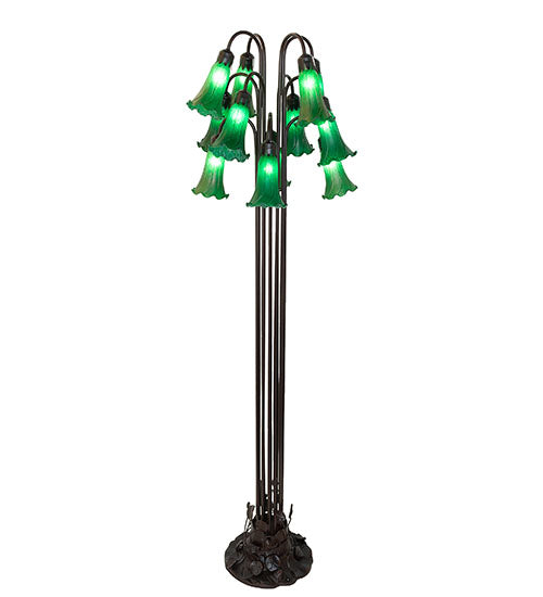 Meyda Lighting Tiffany Pond Lily 63" 12-Light Mahogany Bronze Floor Lamp With Petal Green Shade Glass