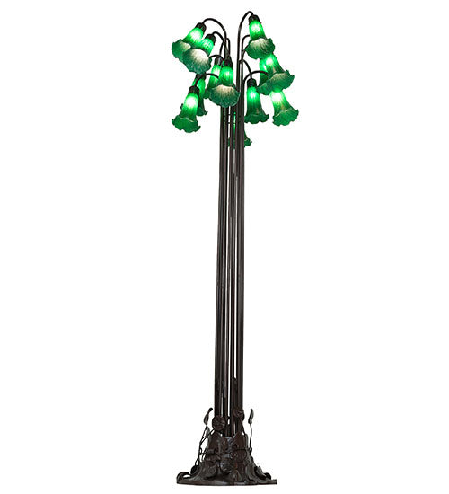 Meyda Lighting Tiffany Pond Lily 63" 12-Light Mahogany Bronze Floor Lamp With Petal Green Shade Glass