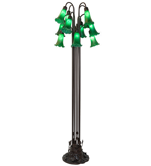 Meyda Lighting Tiffany Pond Lily 63" 12-Light Mahogany Bronze Floor Lamp With Petal Green Shade Glass