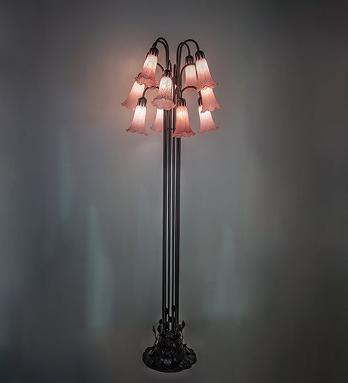 Meyda Lighting Tiffany Pond Lily 63" 12-Light Mahogany Bronze Floor Lamp With Petal Pink Shade Glass