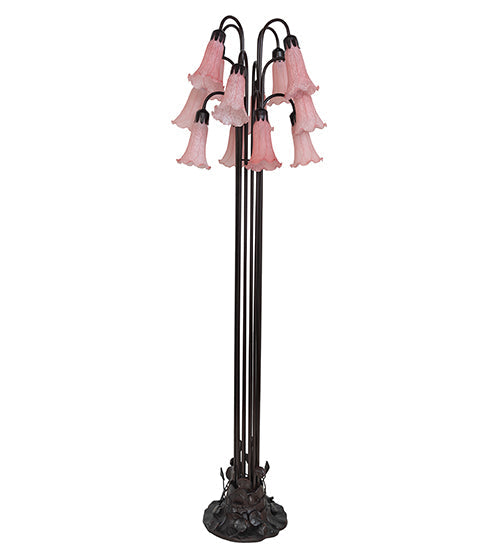 Meyda Lighting Tiffany Pond Lily 63" 12-Light Mahogany Bronze Floor Lamp With Petal Pink Shade Glass