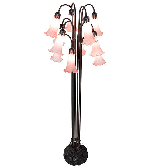 Meyda Lighting Tiffany Pond Lily 63" 12-Light Mahogany Bronze Floor Lamp With Petal Pink Shade Glass