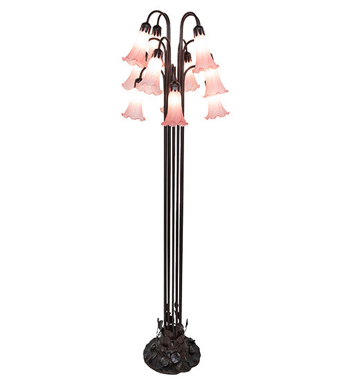 Meyda Lighting Tiffany Pond Lily 63" 12-Light Mahogany Bronze Floor Lamp With Petal Pink Shade Glass