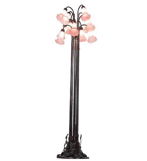 Meyda Lighting Tiffany Pond Lily 63" 12-Light Mahogany Bronze Floor Lamp With Petal Pink Shade Glass