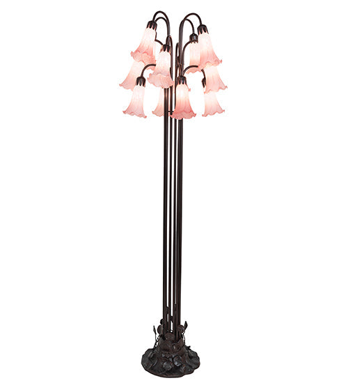 Meyda Lighting Tiffany Pond Lily 63" 12-Light Mahogany Bronze Floor Lamp With Petal Pink Shade Glass