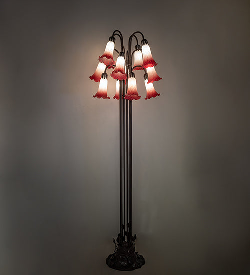 Meyda Lighting Tiffany Pond Lily 63" 12-Light Mahogany Bronze Floor Lamp With Pink and White Shade Glass