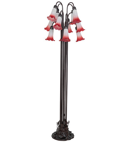 Meyda Lighting Tiffany Pond Lily 63" 12-Light Mahogany Bronze Floor Lamp With Pink and White Shade Glass