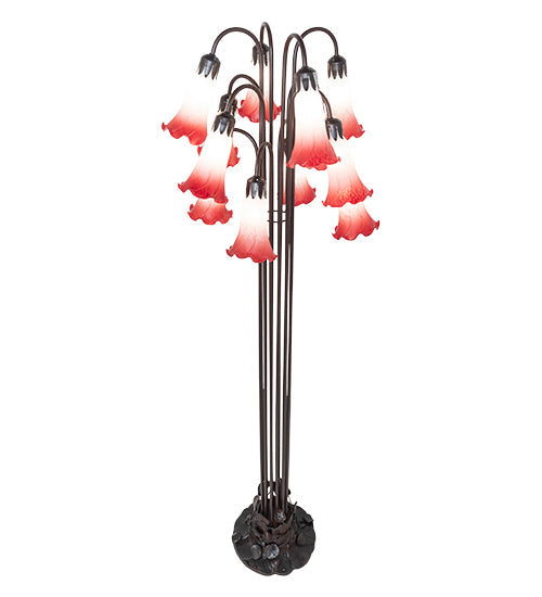 Meyda Lighting Tiffany Pond Lily 63" 12-Light Mahogany Bronze Floor Lamp With Pink and White Shade Glass