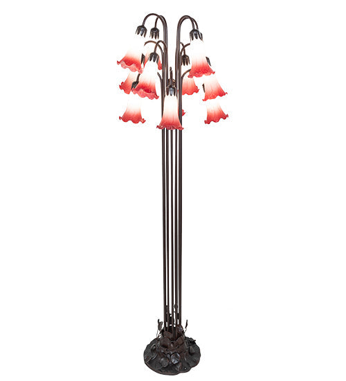 Meyda Lighting Tiffany Pond Lily 63" 12-Light Mahogany Bronze Floor Lamp With Pink and White Shade Glass