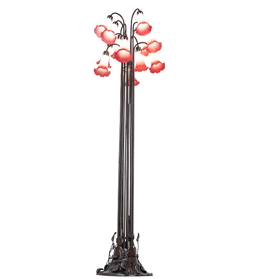 Meyda Lighting Tiffany Pond Lily 63" 12-Light Mahogany Bronze Floor Lamp With Pink and White Shade Glass