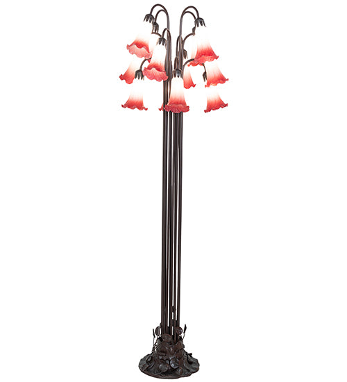 Meyda Lighting Tiffany Pond Lily 63" 12-Light Mahogany Bronze Floor Lamp With Pink and White Shade Glass