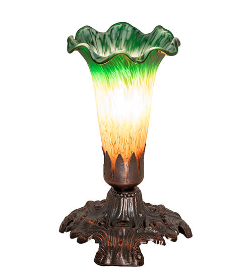 Meyda Lighting Tiffany Pond Lily 7" Mahogany Bronze Victorian Mini Table Lamp With Amber and Green Shade Glass